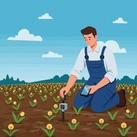 Farmer Checking Soil with Digital Meter in Field on Sunny Day vector
