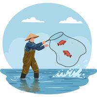 Fisherman Scooping Fish with Net From Water Illustration Art vector