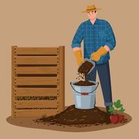 Gardener Composting Soil Into a Bucket for Planting Vegetables vector