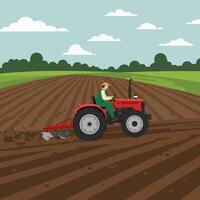 Farmer Driving Tractor Through Field During Plowing Process Agriculture vector