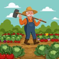 Friendly Farmer Walking Through Vegetable Garden with Tool on Shoulder vector