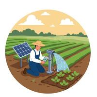 Farmer Using Tablet for Irrigation with Solar Panel and Water vector