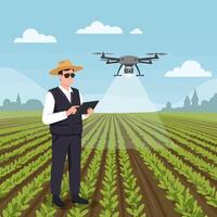Farmer Using Drone Technology for Crop Monitoring in Agricultural Field vector
