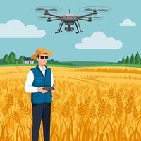 Operating Drone Over Wheat Field with Farmer Controller Illustration vector