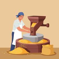 Man Grinding Grain Using Old Mill with Apron and Bandana vector