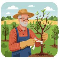 Gardener Tying Young Tree Sapling in Orchard for Healthy Growth vector