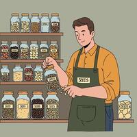 Man Holding Seed Jar in Seed Storage with Various Types vector