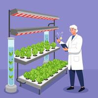 Scientist Inspecting Indoor Vertical Farm with Lettuce Under Artificial Lights vector