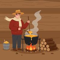Man Stirring Syrup in Cauldron Over Fire in Rustic Setting vector
