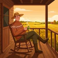Man Relaxing with Hot Drink on Porch Overlooking Golden Fields vector