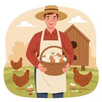 Man Holding Basket of Eggs with Chickens and Coop in Field vector