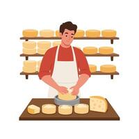 Man Making Cheese with Shelf Display and Cheese Pieces Nearby vector