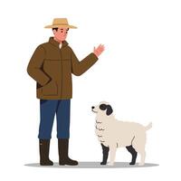 Farmer Gesturing with Sheep Standing by in Peaceful Rural Scene vector
