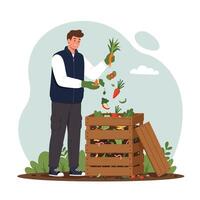 Man Composting Food Scraps in Backyard Compost Bin Illustration vector