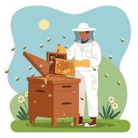 Beekeeper Inspecting Honeycomb Frame From Beehive Surrounded by Bees vector