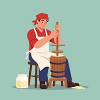 Man Making Butter Using Old-fashioned Butter Churning Tool Inside Home vector