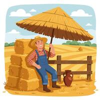 Farmer Relaxing on Hay Bales in Field with Shade Umbrella vector