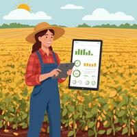 Farmer Using Tablet Analyzing Crop Data in Field Under Sunny Sky vector