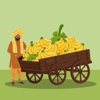 Farmer Pushing Cart Full of Ripe and Unripe Bananas vector