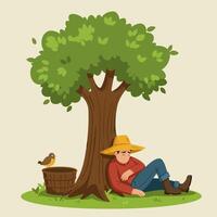 Person Napping Underneath a Shady Tree with Bird and Basket vector