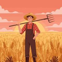 Farmer Stands in Wheat Field at Sunset Carrying a Pitchfork vector