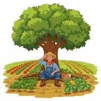 Resting Farmer Under Tree with Harvested Vegetables and Tomato Field vector