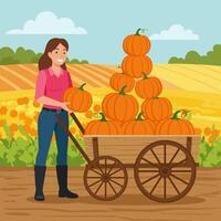 Woman Loading Pumpkins Onto a Cart in Autumn Field Setting vector