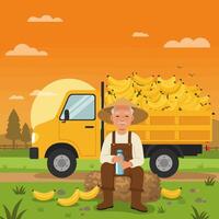 Farmer Resting with Banana Truck at Sunset After Harvest vector