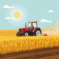 Tractor Plowing Field with Worker and Sky Illustration on Sunny Day vector