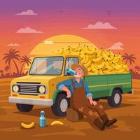 Farmer Drinking Water After Banana Harvest on Truck at Sunset vector