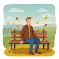 Man Sitting on Bench Enjoying Autumn Leaves Falling in Park vector