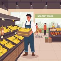 Man Carrying Bananas in Grocery Store Aisle Ready to Buy vector