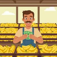 Man Counting Money at Banana Stand Promoting Fresh Produce Sales vector