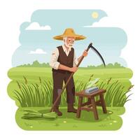 Farmer Sharpening Scythe on Stool in Field Under Bright Sky vector