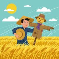 Farmer and Scarecrow Standing in Wheat Field Under Cloudy Sky vector