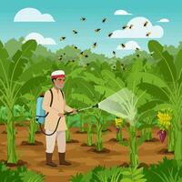 Farmer Spraying Pesticide on Crop Amidst Swarm of Insects Outdoors vector