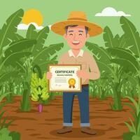 Farmer Holding Certificate in Banana Plantation Celebrating Farming Achievement vector