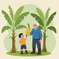 Harvesting Bananas Boy with Senior Man at Banana Tree vector