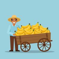 Man Smiling Holding a Cart Full of Yellow Ripe Bananas vector