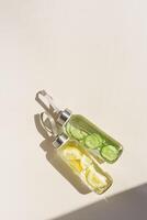 Water drink detox with lemon and cucumber in glass bottle at sunlight on beige background. Wellness, diet, eating healthy concept. Stylish glass reusable water bottle, lifestyle minimal style photo