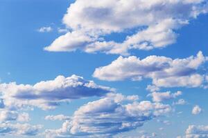 Blue sky and white clouds, tranquil blue trend color, pastel colored cloudscape. Fluffy heaven pattern. Beautiful Cloudy background, nature environment backdrop, wallpaper, screensaver photo