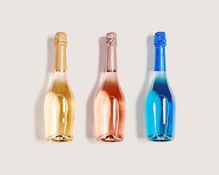 Set of Colorful bottles of festive sparkling wine, colors glass champagne bottles close up on beige background, sunlight, shadow. Minimal style composition, Summer alcohol drinking wine photo