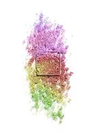 Crushed eye shadow powder cosmetics swatch isolated on white background, green yellow red color gradient. Bright make up powder texture. Broken eye shadow smear. Top view face cosmetic product sample photo