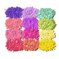 Set of colorful eye shadows, top view crushed swatches of makeup powder, multicolor eyeshadow palette, broken powder texture close up. Female cosmetics and beauty product, isolated on white photo