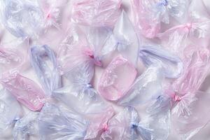 Plastic free environment protection concept. Empty used plastic bags as background. Top view many disposable transparent polyethylene packet, aesthetic texture background. Plastic bag free day photo