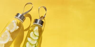 Water drink detox with slices of lemon and cucumber, shadow at sunlight, banner, copy space. Wellness, diet, eating healthy concept. Stylish glass reusable water bottle, still life top view photo
