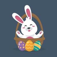 cute white bunny in the basket with three easter eggs in isolated flat design vector