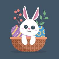 white rabbit in the Easter egg basket in isolated flat design vector