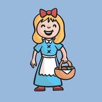 a female kid wearing villager costume in isolated outline flat design vector