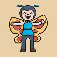 a kid wearing butterfly costume in isolated outline flat design vector